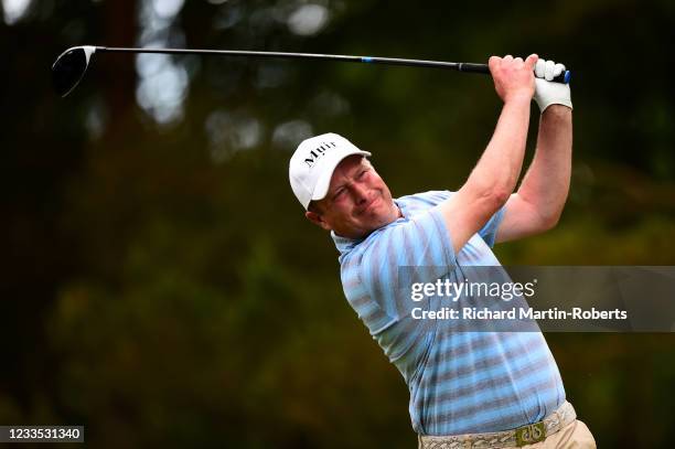 Greig Hutcheon of Torphins GC tees off during Day Four of the PGA Professional Championship at Blairgowrie Golf Club on June 18, 2021 in Blairgowrie,...