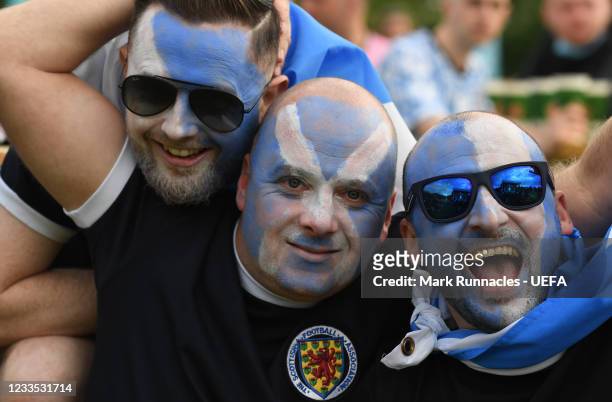 Scotland fans at the UEFA Euro 2020 Glasgow Fanzone watch as Scotland and England compete at Wembley stadium during the UEFA Euro 2020 Championship...