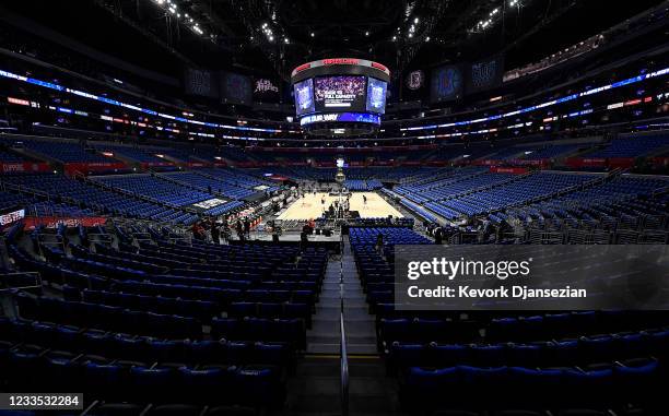 Blue shirts cover the stadium seats as the Los Angeles Clippers will have their first full capacity game since the start of the pandemic for Game Six...