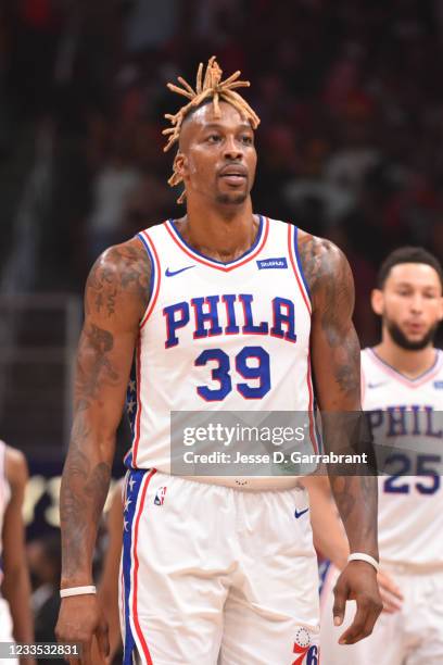 Dwight Howard of the Philadelphia 76ers looks on during a game against the Atlanta Hawks during Round 2, Game 6 of the Eastern Conference Playoffs on...