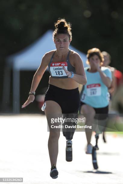 Noelle Lambert of the United States competes in the Women's 100 Meter Dash T63 Ambulatory final during the 2021 U.S. Paralympic Trials at Breck High...