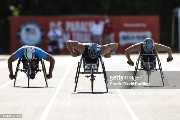 Brian Siemann of the United States competes during the Men's 100 Meter Dash T53 Wheelchair final during the 2021 U.S. Paralympic Trials at Breck High...