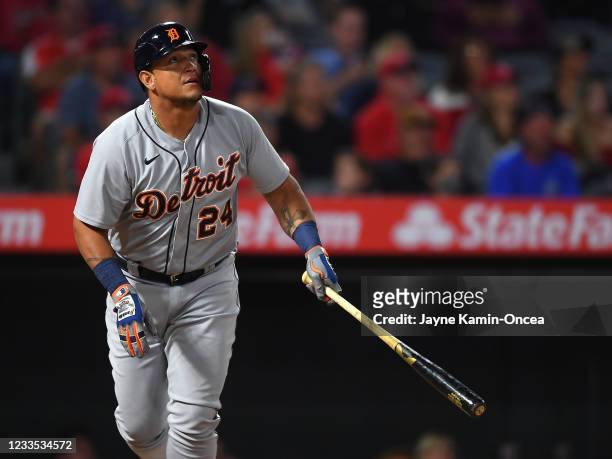 Miguel Cabrera of the Detroit Tigers hits a RBI double in the sixth inning of the game against the Los Angeles Angels at Angel Stadium of Anaheim on...