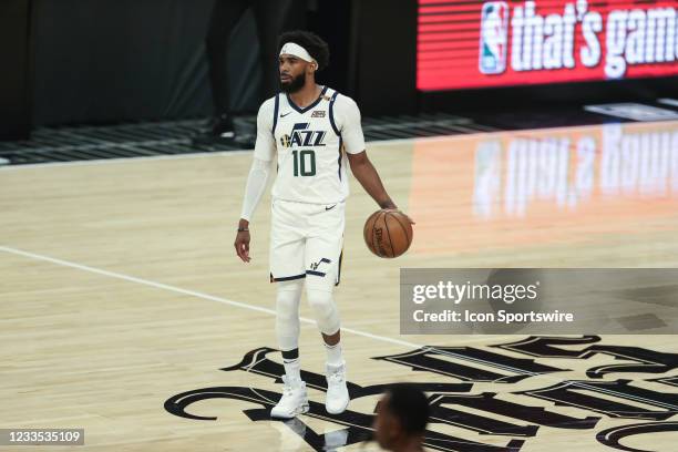 Utah Jazz guard Mike Conley dribbling during game 6 of the second round of the Western Conference Playoffs between the Utah Jazz and the Los Angeles...