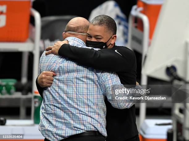 Head coach Tyronn Lue of the Los Angeles Clippers celebrates with owner Steve Ballmer after eliminating the Utah Jazz, 131-119, in Game Six of the...