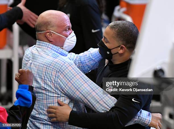 Head coach Tyronn Lue of the Los Angeles Clippers celebrates with owner Steve Ballmer after eliminating the Utah Jazz, 131-119, in Game Six of the...