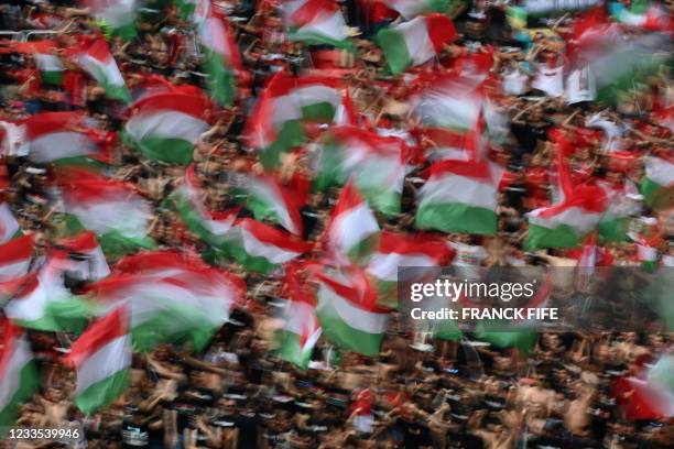 Hungary fans cheer prior to the UEFA EURO 2020 Group F football match between Hungary and France at Puskas Arena in Budapest on June 19, 2021.