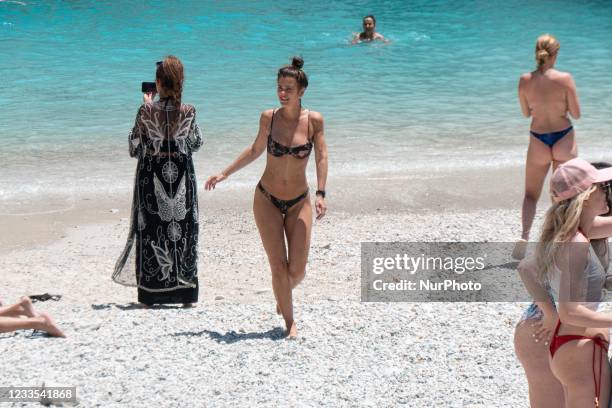 Secluded Seitan Limania Beach, the incredible hidden secret treasure, a little natural protected spot between the steep cliffs with turquoise exotic...