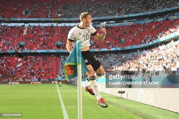 Germany's defender Robin Gosens celebrates a goal then disallowed during the UEFA EURO 2020 Group F football match between Portugal and Germany at...