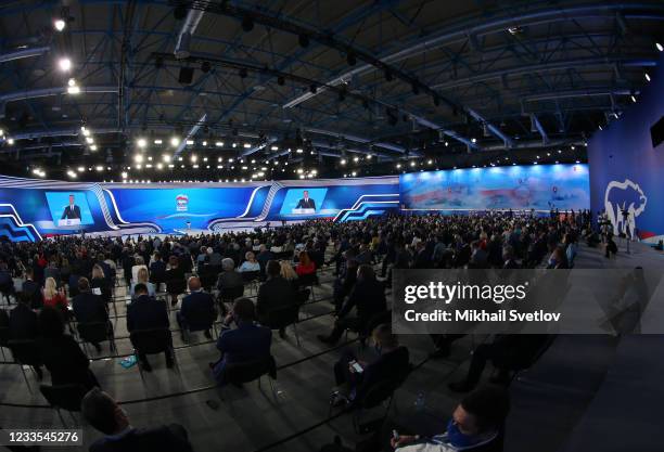 Russian Security Council Vice Chairman Dmitry Medvedev gestures during his speech at the 20th Congress of the United Russia Party, on June 19, 2021...