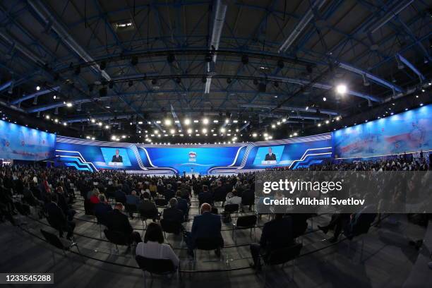 Russian Security Council Vice Chairman Dmitry Medvedev gestures during his speech at the 20th Congress of the United Russia Party, on June 19, 2021...