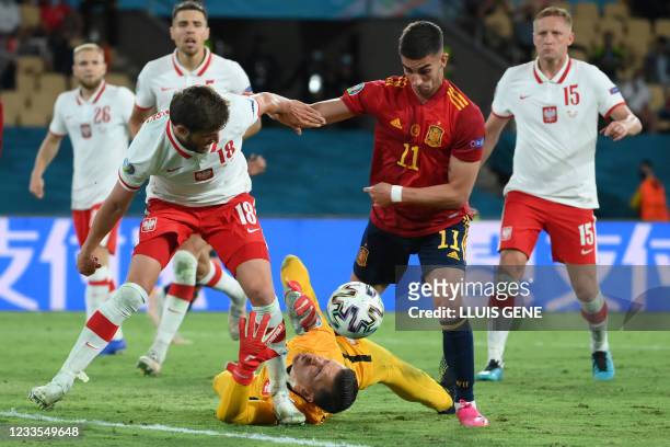 Poland's goalkeeper Wojciech Szczesny tries to grab the ball as Poland's defender Bartosz Bereszynski challenges Spain's midfielder Ferran Torres...