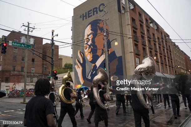 Band participates in a parade to celebrate Juneteenth on June 19, 2021 in Atlanta, Georgia. Juneteenth marks the end of slavery in the United States...