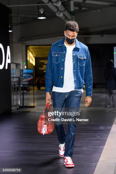 Axel Toupane of the Milwaukee Bucks arrives to the arena before the game against the Brooklyn Nets during Round 2, Game 7 of the 2021 NBA Playoffs on...