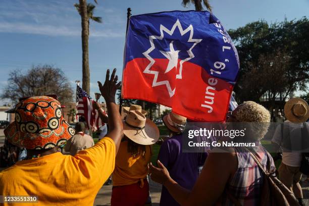 Members of Reedy Chapel African Methodist Episcopal Church march to celebrate Juneteenth on June 19, 2021 in Galveston, Texas. Juneteenth marks the...