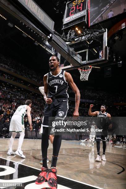 Kevin Durant of the Brooklyn Nets yells during the game against the Milwaukee Bucks during Round 2, Game 7 of the 2021 NBA Playoffs on June 19, 2021...