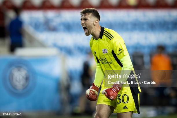 Matt Turner of New England Revolution reacts at the end of the match against New York City FC City at Red Bull Arena on June 19, 2021 in Harrison,...