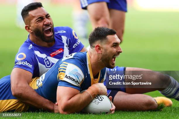 Ryan Matterson of the Eels scores a try during the round fifteen NRL match between the Parramatta Eels and Canterbury Bankstown Bulldogs at Bankwest...