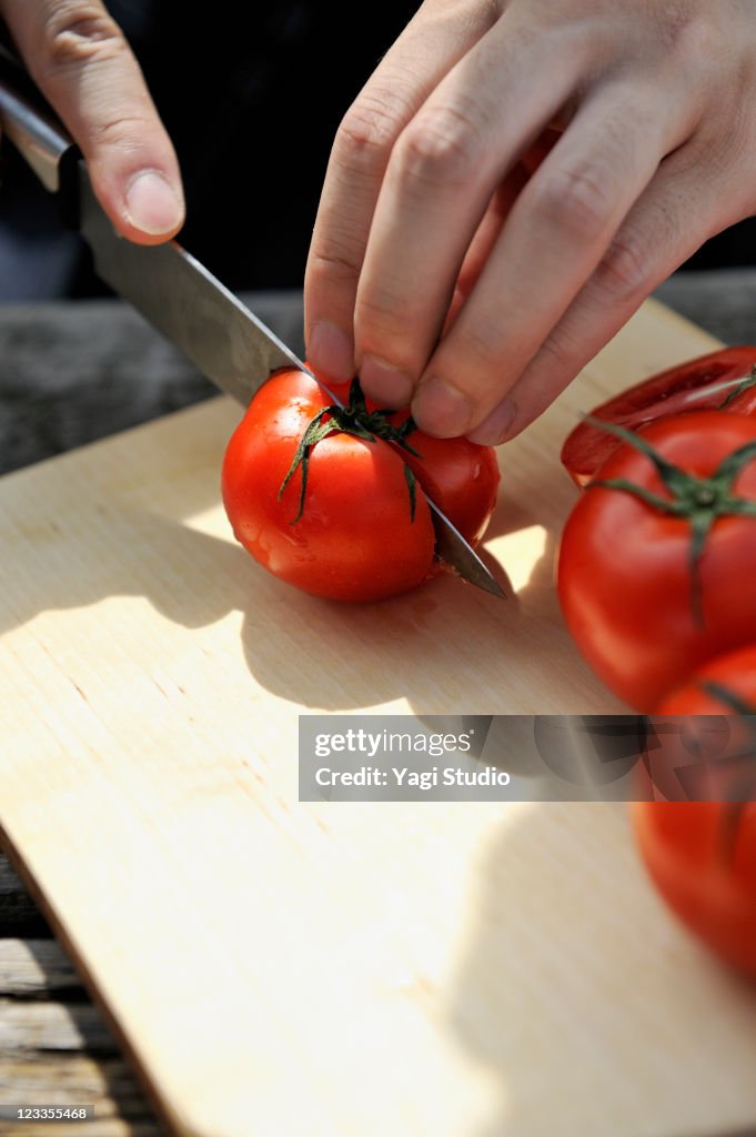 Man's hand cut the tomato by theoutdoor cooking