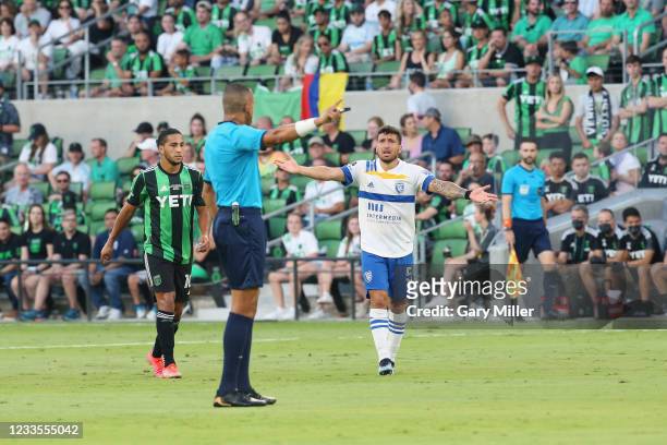 Eric Remedi of the San Jose Earthquakes argues a call with the referee during Austin FC's inagural game at Q2 Stadium on June 19, 2021 in Austin,...