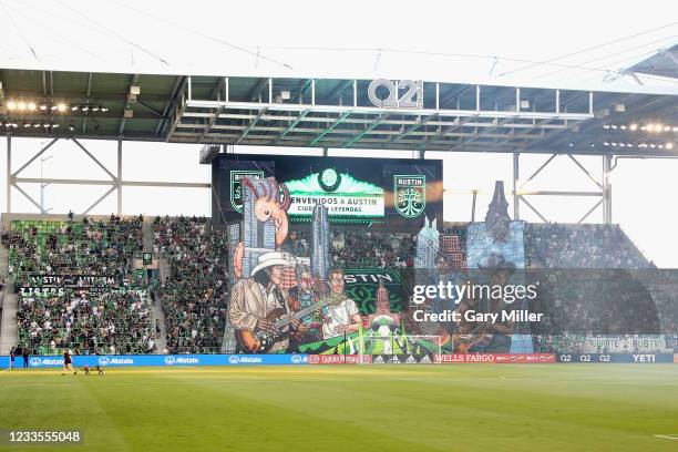 Tifo honoring Texas icons is raised before the start of the inaugural home game between the San Jose Earthquakes and Austin FC at Q2 Stadium on June...