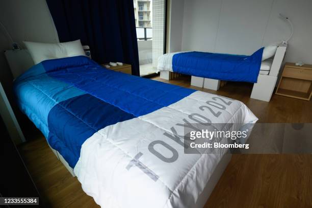 Recyclable cardboard beds and mattresses inside a residential unit for athletes during a media tour at the Olympic and Paralympic Village for the...