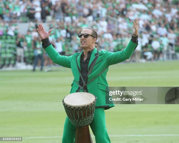 Matthew McConaughey performs before the start of the inaugural home game between the San Jose Earthquakes and Austin FC at Q2 Stadium on June 19,...
