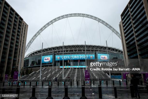 General external view of Wembley Stadium with Euro 2020 branding during the UEFA Euro 2020 Championship Group D match between England and Scotland at...