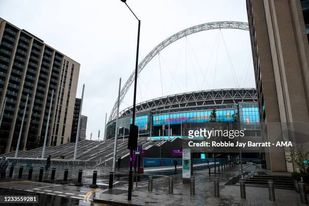 General external view of Wembley Stadium with Euro 2020 branding during the UEFA Euro 2020 Championship Group D match between England and Scotland at...