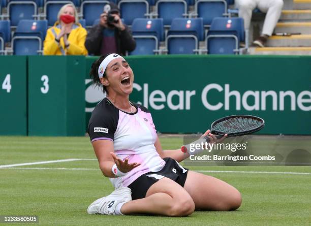 Ons Jabeur of Tunisia celebrates victory against Daria Kasatkina of Russia in the Womens Singles Final during the Viking Classic Birmingham at...