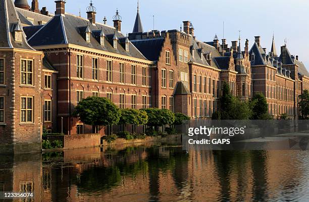 the hague parliament building near the water - minister president van nederland stockfoto's en -beelden
