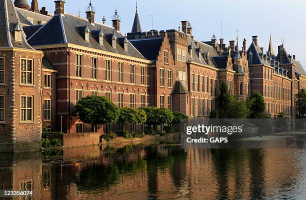 the hague parliament building near the water - dutch culture stock pictures, royalty-free photos & images