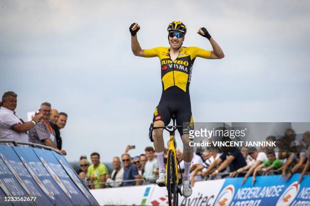 Dutch cyclist Timo Roosen reacts after winning the Dutch National Cycling Championships on and around the VAM mountain in Wijster on June 20, 2021. -...