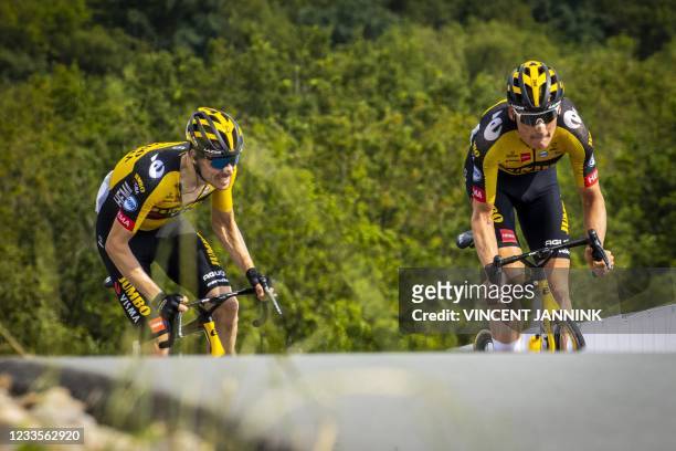 Dutch cyclist Timo Roosen, who went onto win, is in the wheel of Dutch cyclist Mike Teunissen compete during the Dutch National Cycling Championships...