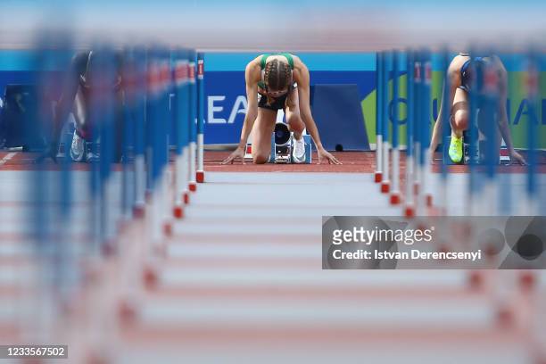 Elvira Herman of Belarus competes in the Women's 100m Hurdles Final A on Day 2 at the European Athletics Team Championships First League on June 20,...