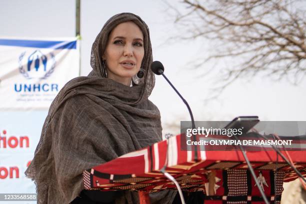 Actress Angelina Jolie, United Nations High Commissioner for Refugees special envoy, gives a statement in Goudebou, a camp that welcomes more than...