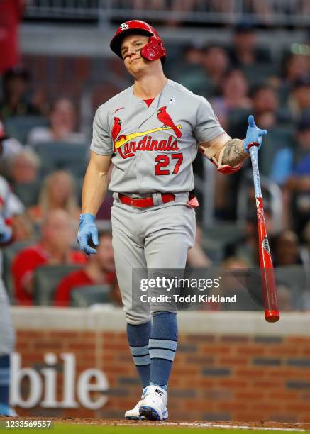 Tyler O'Neill of the St. Louis Cardinals reacts after striking out in the sixth inning of game two of a doubleheader against the Atlanta Braves at...