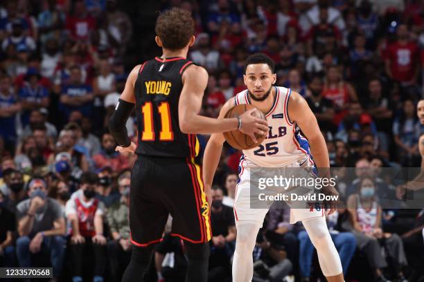 Ben Simmons of the Philadelphia 76ers plays defense against Trae Young of the Atlanta Hawks during Round 2, Game 7 of the Eastern Conference Playoffs...