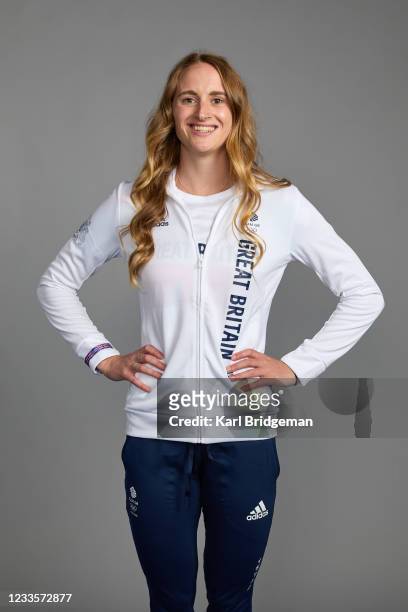 Sarah Vasey, a member of the Great Britain Olympic Swimming team, poses for a portrait during a Tokyo 2020 Team GB Kitting session at NEC Arena on...