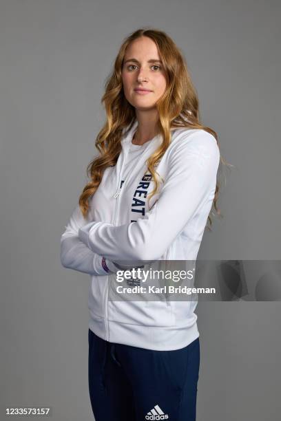 Sarah Vasey, a member of the Great Britain Olympic Swimming team, poses for a portrait during a Tokyo 2020 Team GB Kitting session at NEC Arena on...