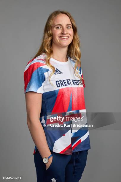 Sarah Vasey, a member of the Great Britain Olympic Swimming team, poses for a portrait during a Tokyo 2020 Team GB Kitting session at NEC Arena on...