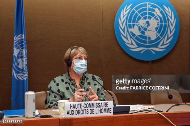 United Nations High Commissioner for Human Rights Michelle Bachelet looks on after delivering a speech on global human rights developments during a...