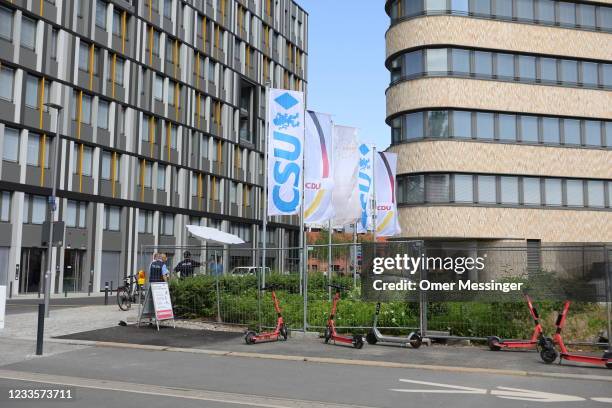 Flags with the logos of the CDU and CSU outside the venue where Armin Laschet, head of the German Christian Democrats and premier of North...