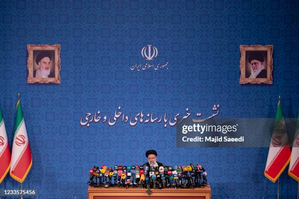 Iranian President-Elect Ebrahim Raisi holds a press conference at Shahid Beheshti conference hall on June 21, 2021 in Tehran, Iran.