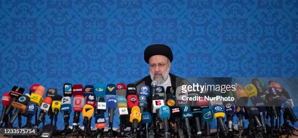 Iranian President elect Ebrahim Raisi speaks with local and international media during a news conference in Tehran on June 21, 2021.