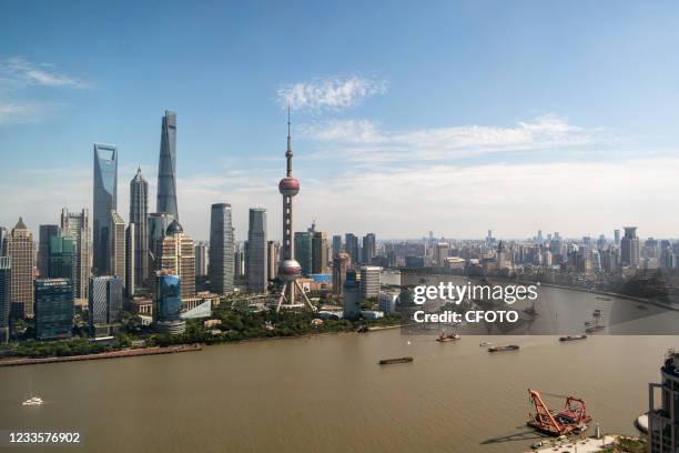 View of the Shanghai Tower, Oriental Pearl Tower, Jinmao Tower and other super high-rise landmarks along the Bund in Shanghai, China, on June 21,...