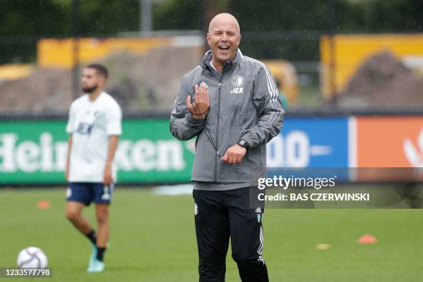 Feyenoord football club manager Arne Slot attends a training session at the Varkenoord training complex next to the De Kuip stadium on June 21 the...