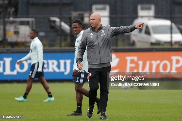 Feyenoord football club manager Arne Slot attends a training session at the Varkenoord training complex next to the De Kuip stadium on June 21 the...