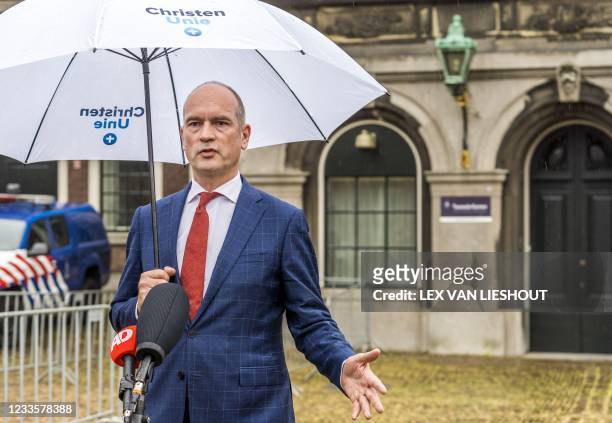 Christian Union leader Gert-Jan Segers addresses the press after a conversation with informateur Mariette Hamer who had instructed the group leaders...