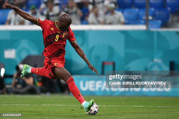 Belgium's forward Romelu Lukaku attempts a shot during the UEFA EURO 2020 Group B football match between Finland and Belgium at Saint Petersburg...